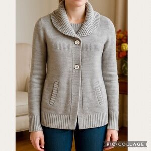 Matrix Wool Blend Open-Front Ribbed Shawl‎ Collar Tan Cardigan Sweater – Size S